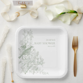 Plato De Papel Elegante verde Chinoiserie Naturaleza Aves Baby Sh