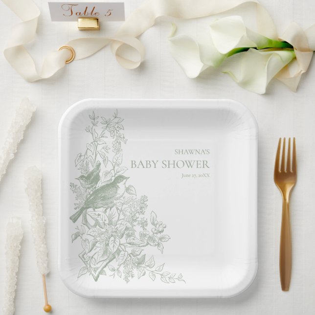 Plato De Papel Elegante verde Chinoiserie Naturaleza Aves Baby Sh (Boda)