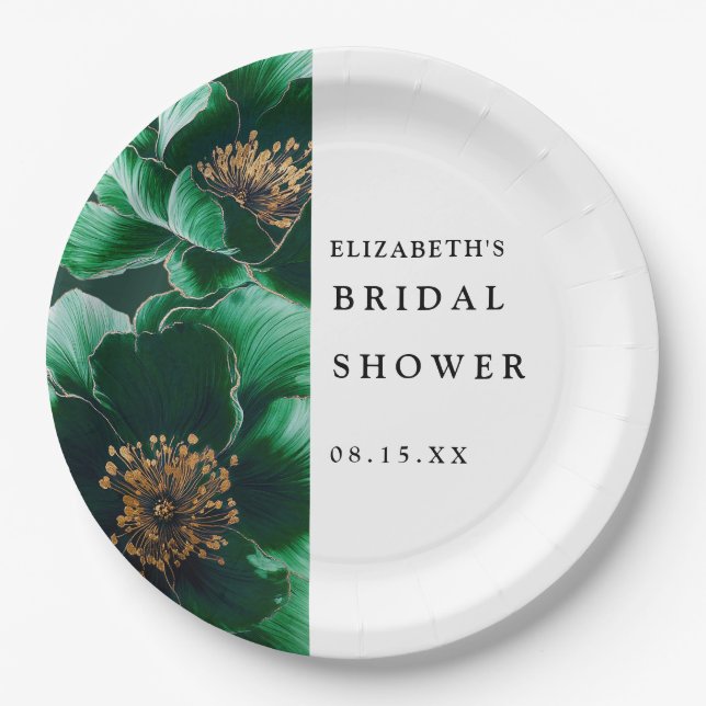 Plato De Papel Elegante Verde Esmeralda Moderno Flores Juego de D (Anverso)