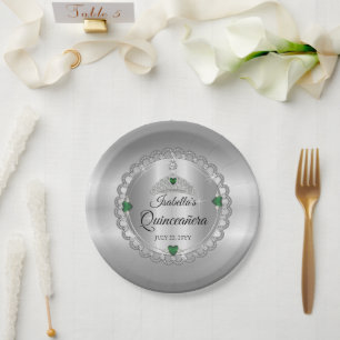 Plato De Papel Elegante verde esmeralda   Quinceañera de la Coron