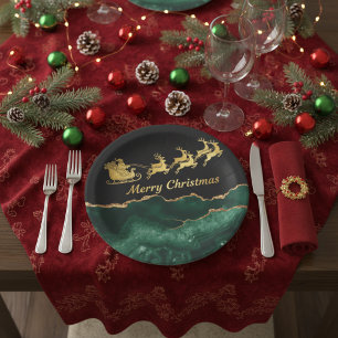 Plato De Papel Elegante Verde Oro Trineo de Santa Feliz Navidad