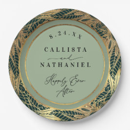 Plato De Papel Elegante verde sabio dorado deja Boda