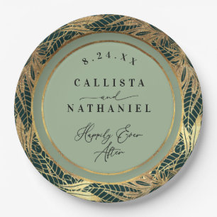 Plato De Papel Elegante verde sabio dorado deja Boda
