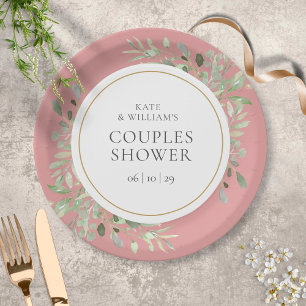 Plato De Papel Elegante Verdor de Oro Dusty Rosa Parejas Ducha