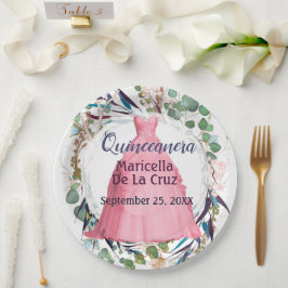 Plato De Papel Elegante vestido rosa de Quinceañera personalizado
