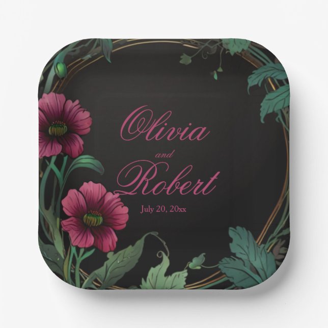 Plato De Papel Elegante victoriano moody verde oscuro rosa floral (Anverso)