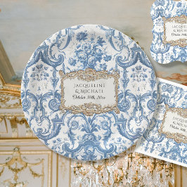 Plato De Papel Elegante Vintage Floral Blue and White Gold Bridal