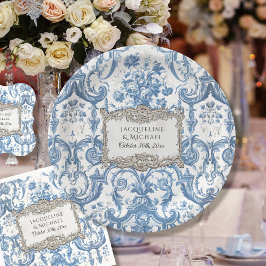 Plato De Papel Elegante Vintage Floral Blue n White Silver Bridal