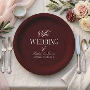 Plato De Papel Elegante Vintage Marfil Burgundy Oscuro Boda