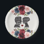 Plato De Papel Elegante Vintage Novela Floral Burgundy Navy Boda<br><div class="desc">MODERNO CONCIERNE CON VINTAGE - platos de papel para boda elegantes con flores de acuarela pintadas a mano en burgundy, azul marino y rosa que se combinan elegantemente con siluetas vintage de Elizabeth Bennet y el Sr. Darcy, dos de los personajes más queridos e icónicos de la literatura inglesa, de...</div>