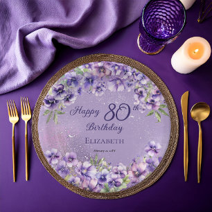Plato De Papel Elegante Violeta Púrpura Floral Feliz 80 cumpleaño