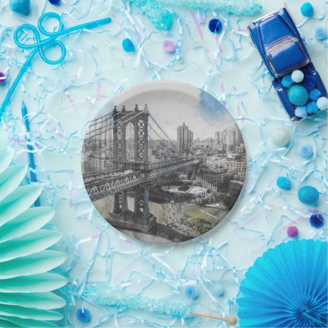Plato De Papel Elegante Watercolor Brooklyn Bridge NYC (Fiesta)