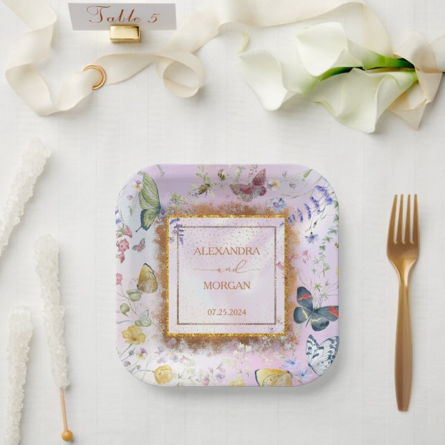 Plato De Papel Elegante Whimsical Wildflower Pink (Boda)