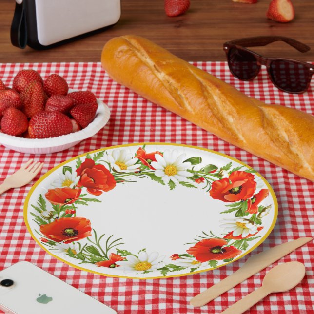 Plato De Papel Elegante White Daisies Red Poppies Flor Wreath (Picnic)