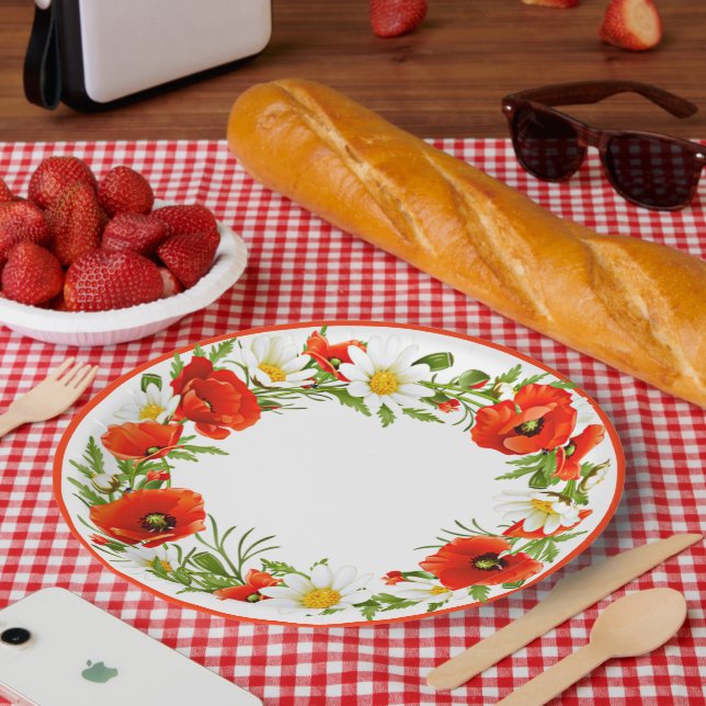Plato De Papel Elegante White Daisies Red Poppies Flor Wreath (Picnic)