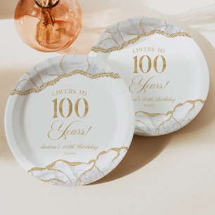 Plato De Papel Elegante White Gold Agate 100 cumpleaños