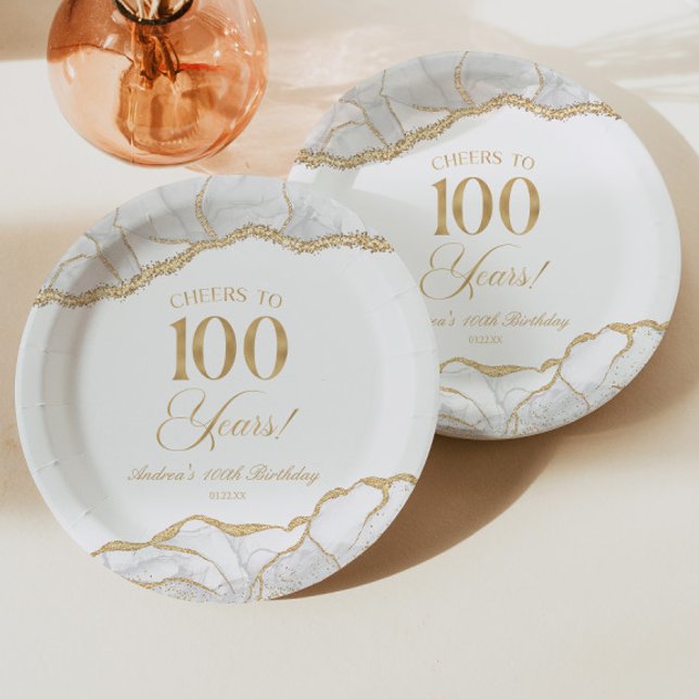 Plato De Papel Elegante White Gold Agate 100 cumpleaños (Subido por el creador)
