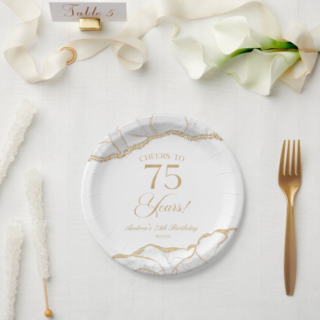 Plato De Papel Elegante White Gold Agate 75th Birthday Party (Boda)