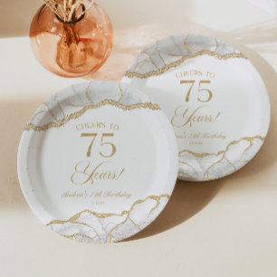 Plato De Papel Elegante White Gold Agate 75th Birthday Party