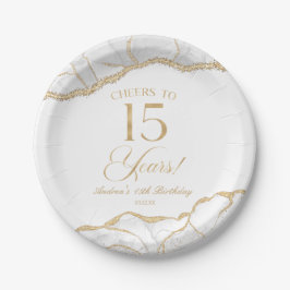 Plato De Papel Elegante White Gold Agate Fiesta de cumpleaños núm