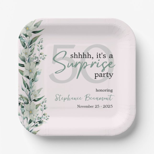 Plato De Papel Elegante Wildflower Pink Sorpresa 50 cumpleaños (Anverso)