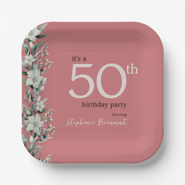 Plato De Papel Elegante Wildflower Pink Sorpresa 50 cumpleaños (Anverso)
