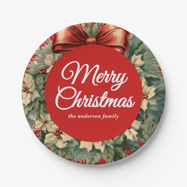 Plato De Papel Elegante Wreath Navidades de acuarela (Anverso)