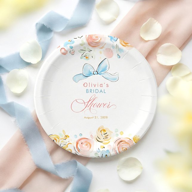 Plato De Papel Elegante y Caprichoso Chuveiro de Novia Dibujado a (Floral Whimsical Bow Paper Plates for Shower)