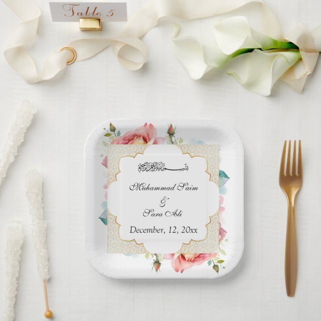 Plato De Papel Elegante y moderna invitación a la floración rosa  (Boda)