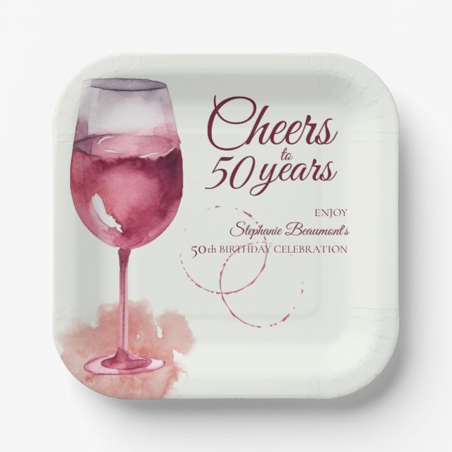 Plato De Papel Elegante y moderno Cheers Red Wine 50 cumpleaños (Anverso)