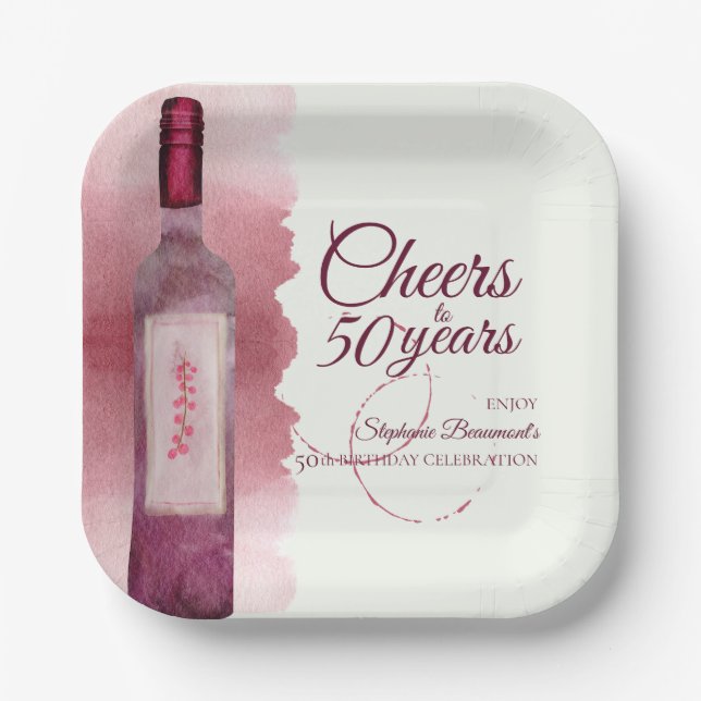 Plato De Papel Elegante y moderno Cheers Red Wine 50 cumpleaños (Anverso)