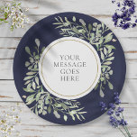 Plato De Papel Elegante y personalizada vegetación de oro azul de<br><div class="desc">Con delicadas hojas de acuarela blanda sobre un fondo azul marino, esta placa de papel botánico de moda se puede personalizar con su mensaje especial en texto elegante. Perfecto para bodas, duchas de novias, duchas para bebés, bautismo, fiestas de compromiso, celebraciones de aniversario y reuniones de cumpleaños. Diseñado por Thisisnotme©...</div>