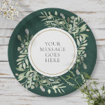Plato De Papel Elegante y personalizada vegetación de oro esmeral<br><div class="desc">Con delicadas hojas de acuarela blanda sobre un fondo verde esmeralda, este plato de papel botánico de moda puede ser personalizado con su mensaje especial en texto elegante. Perfecto para bodas, duchas de novias, duchas para bebés, bautismo, fiestas de compromiso, celebraciones de aniversario y reuniones de cumpleaños. Diseñado por Thisisnotme©...</div>