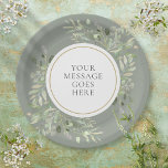 Plato De Papel Elegante y personalizada vegetación de oro verde s<br><div class="desc">Con delicadas hojas de acuarela blanda sobre un fondo verde sabio, este plato de papel botánico de moda se puede personalizar con su mensaje especial en texto elegante. Perfecto para bodas, duchas de novias, duchas para bebés, bautismo, fiestas de compromiso, celebraciones de aniversario y reuniones de cumpleaños. Diseñado por Thisisnotme©...</div>