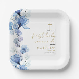 Plato De Papel Elegante y turbia floral azul primera comunión sag