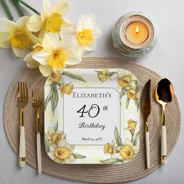 Plato De Papel Elegante Yellow Daffodils Floral 40 cumpleaños (Elegant Yellow Daffodils Floral 40th Birthday Party Square Paper Plates)