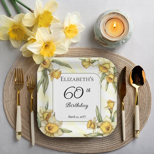 Plato De Papel Elegante Yellow Daffodils Floral 60 cumpleaños (Elegant Yellow Daffodils Floral 60th Birthday Party Square Paper Plates)