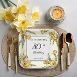 Plato De Papel Elegante Yellow Daffodils Floral 80º cumpleaños<br><div class="desc">Elegante diseño floral de daffodils amarillos de diseño "Cumpleaños 80" con un marco cuadrado floral de daffodils rodeando un marco blanco y verde sobre un fondo amarillo y blanco angustiado.</div>