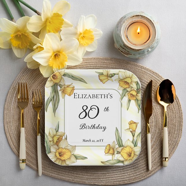 Plato De Papel Elegante Yellow Daffodils Floral 80º cumpleaños (Elegant Yellow Daffodils Floral 80th Birthday Party Square Paper Plates)