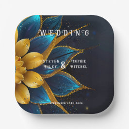 Plato De Papel Elegante zafiro y Boda floral de oro