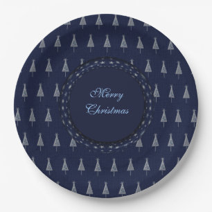 Plato De Papel Elegantes árboles y estrellas azules de Navidad