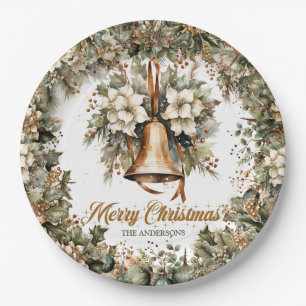 Plato De Papel Elegantes campanas de Navidades de oro en verde sa