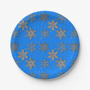 Plato De Papel Elegantes copos de nieve de plata azul