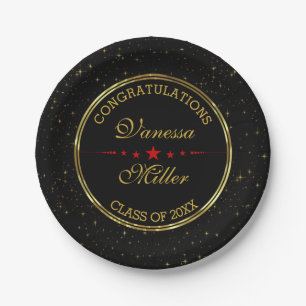 Plato De Papel Elegantes Estrellas Brillantes De Color Negro Y Or