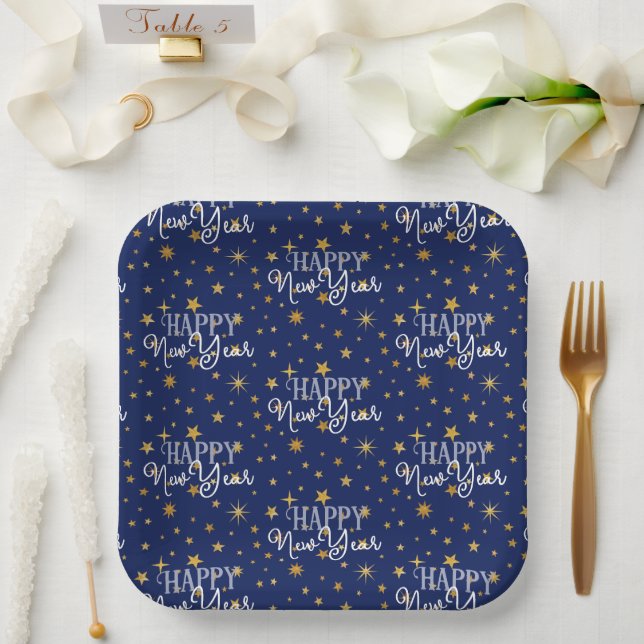 Plato De Papel Elegantes estrellas de Moda azul y oro de la marin (Boda)