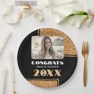Plato De Papel Elegantes felicitaciones Graduado Purpurina de Oro