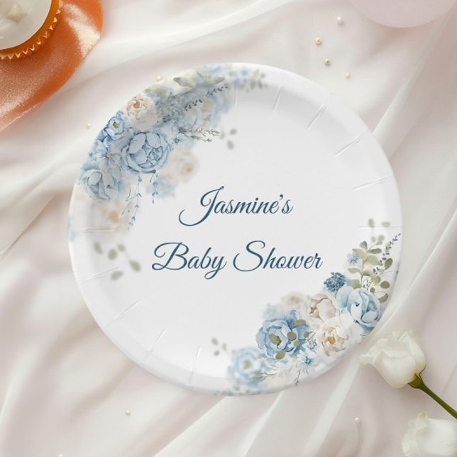 Plato De Papel Elegantes flores botánicas azules para baby shower (Subido por el creador)