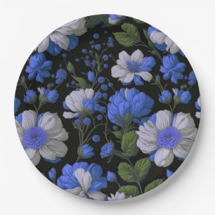 Plato De Papel Elegantes flores retro azules plateadas blancas