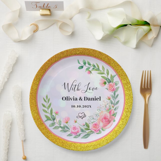 Plato De Papel Elegantes flores rosadas de agradecimiento boda (Boda)