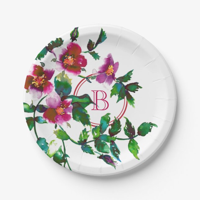 Plato De Papel Elegantes flores silvestres modernas acuarelas ros (Anverso)